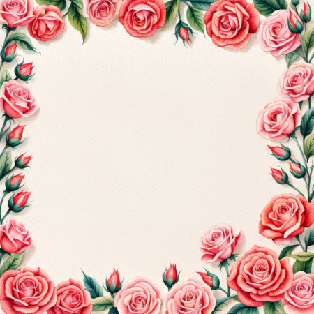 Frame of red and pink roses on a white background with copy space. Mothers dayの素材