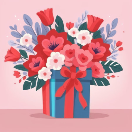 Gift box with red and white flowers. Flat style vector illustration.の素材