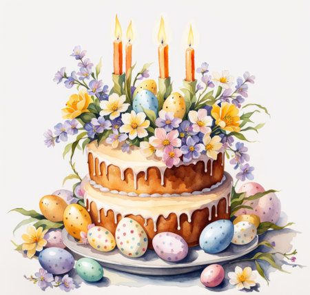 beautiful watercolor style illustration of Easter cake with colored eggs, spring flowers and burning candlesの素材