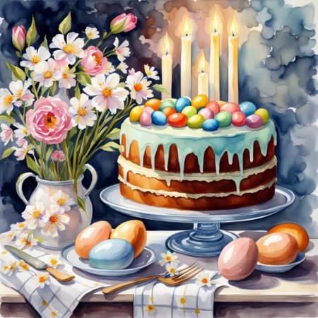 beautiful watercolor style illustration of Easter cake with colored eggs, spring flowers and burning candlesの素材