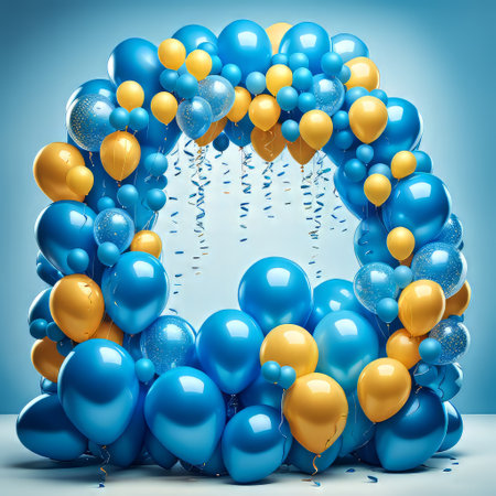 3d render of blue and yellow balloons with ribbons and confettiの素材