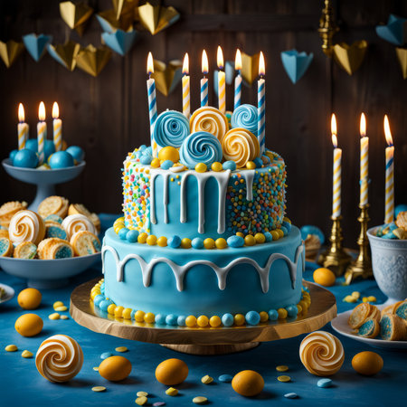 Birthday cake with candles on a blue background. Selective focus.の素材
