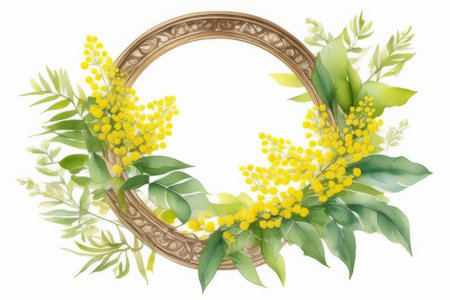 Beautiful spring wreath with tender yellow flowers on white background, watercolor illustration. Copy space, place for textの素材