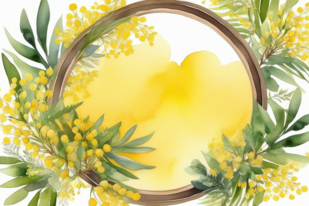 Beautiful spring wreath with tender yellow flowers on white background, watercolor illustration. Copy space, place for textの素材