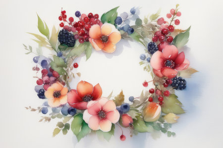 Beautiful summer wreath with orange red flowers and blue berries on white background, watercolor illustration. Copy space, place for textの素材