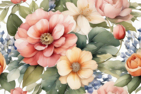 Summer pattern with watercolor red and orange flowers with green leaves, illustrationの素材