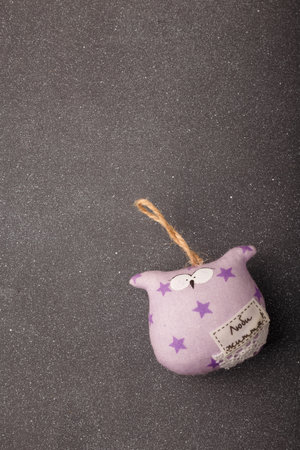 small soft toy, purple fabric owl with description in Ukrainian on gray background, copy space.の写真素材