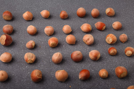 raw hazelnuts in shells laid out in square shape on gray background.