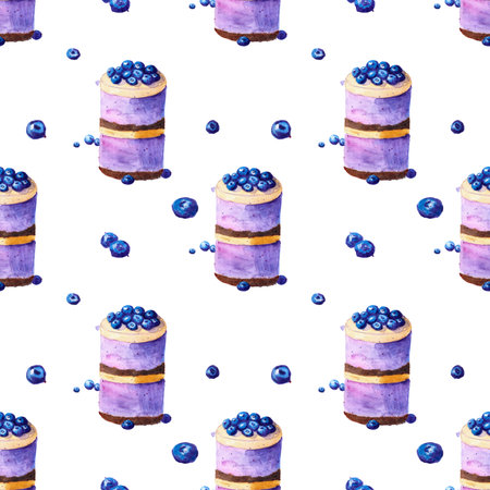 Seamless pattern, hand painted watercolor illustration of cake with blueberries on white background with some berries nearの写真素材