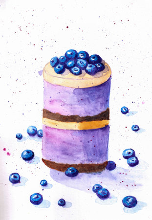 Hand painted watercolor illustration of cake with blueberries on white background with some splashesの写真素材