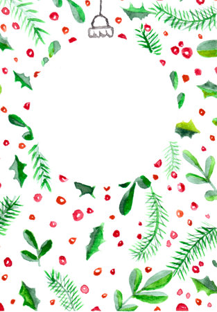 hand drawn watercolor illustration of Christmas plants. Holy red berries, mistletoe leaves and fir branches on white backgroundの写真素材