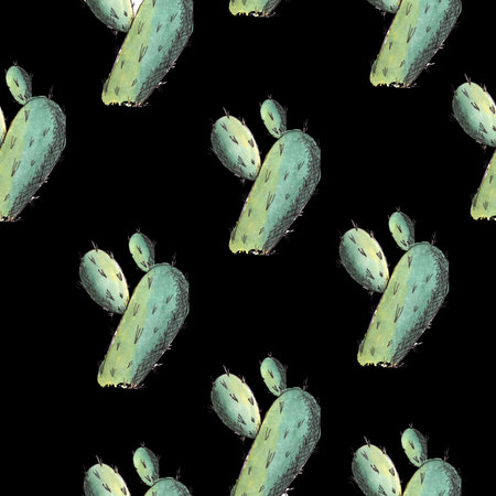 hand drawn cacti illustration, watercolor and pen seamless pattern on black backgroundの写真素材