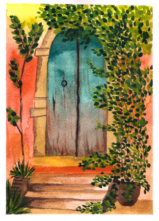 hand painted watercolor landscape with old door, orange wall and some plants in potsの写真素材