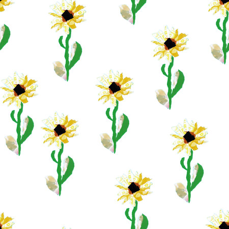 seamless pattern of torn paper collage of sunflower on white background made in mosaic techniqueの写真素材