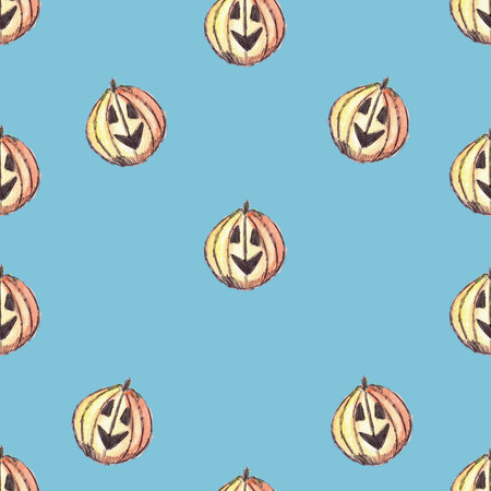 seamless hand drawn Halloween pattern of pumpkins with faces on blue backgroundの写真素材