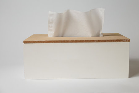 Wooden tissue box, container with facial wipes on white table background. No brand, advertising blank template.の写真素材