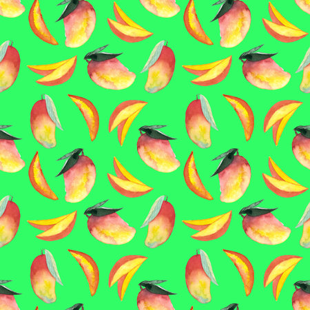 seamless pattern of whole and cut mango hand painted watercolor illustration on green backgroundの写真素材