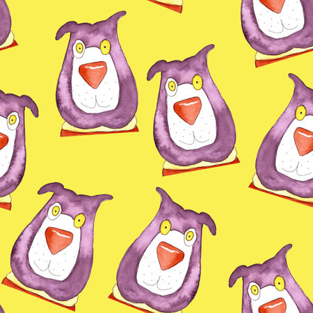 seamless pattern of funny violet watercolor puppies hand painted on yellow background, cute illustrationsの写真素材
