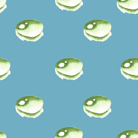 watercolor hand painted illustration of green water drop as seamless pattern on blue backgroundの写真素材