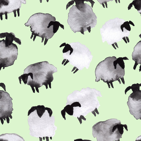 seamless pattern of watercolor sheep illustration on green background, hand painted elementsの写真素材