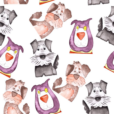 seamless pattern of funny watercolor puppies hand painted on white background, cute illustrationsの写真素材