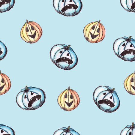 seamless hand drawn Halloween pattern of pumpkins with faces on blue backgroundの写真素材