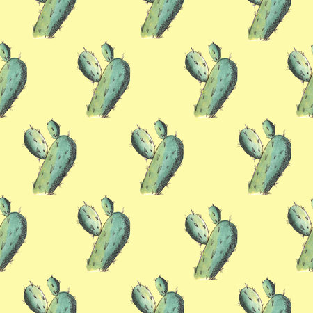 hand drawn cacti illustration, watercolor and black pen seamless pattern on yellow backgroundの写真素材