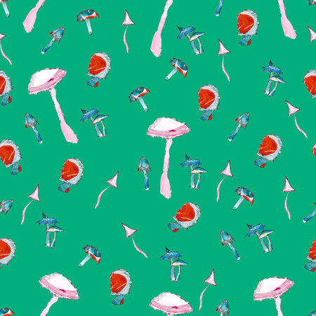 seamless pattern of paper collage mushrooms on green backgroundの写真素材