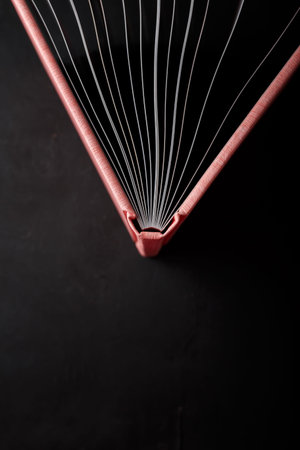 Half open photobook, photo album in pink leather cover on black background. Close up shot of book...