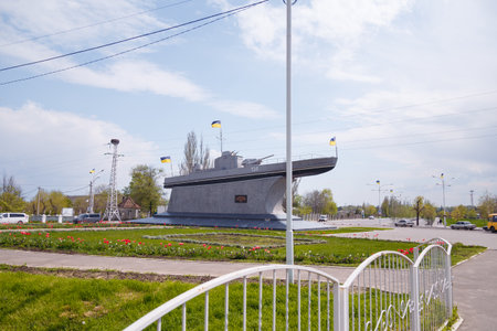 Izmail, Ukraine. May 2024. Navy war ship monument on the city street with lawn on foregroundの写真素材
