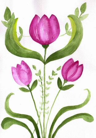 watercolor pink flowers with green leaves in modern style, hand painted on white backgroundの写真素材