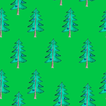 seamless pattern of hand drawn christmas tree on green background, watercolor illustrationの写真素材