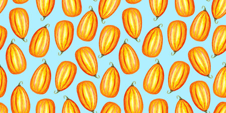 seamless pattern of watercolor pumpkins on blue background, hand painted illustration elementsの写真素材