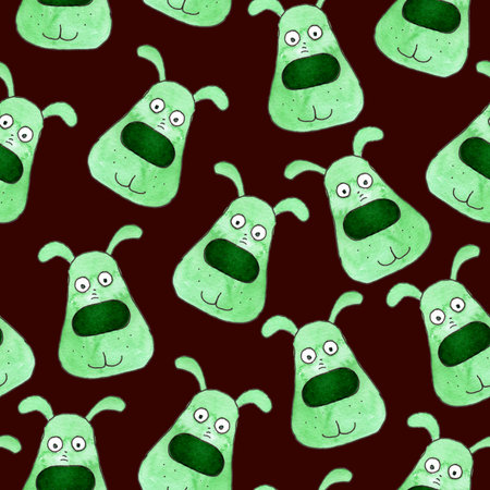 seamless pattern of watercolor green dog portrait, hand painted illustration on dark backgroundの写真素材