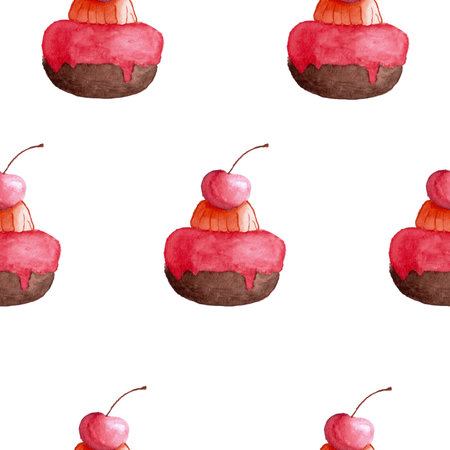 seamless pattern of muffins or cakes with cherry, watercolor hand painted elements on white backgroundの写真素材