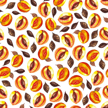 seamless pattern of halved peaches and pits, hand painted watercolor illustration on white...