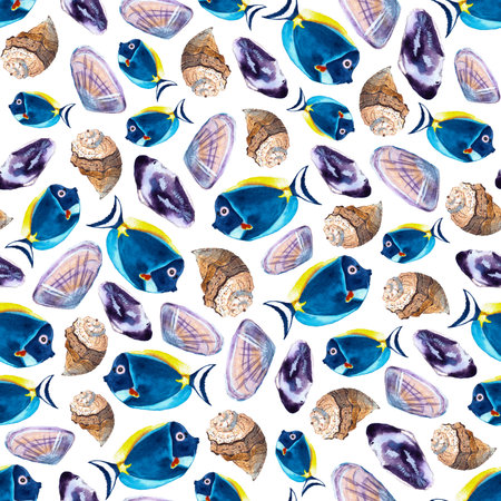 seamless pattern of blue watercolor fish and sea shells illustration, hand painted elements