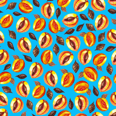 seamless pattern of halved peaches and pits, hand painted watercolor illustration on blue background