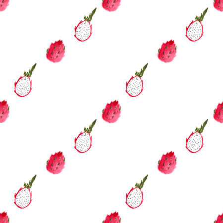 whole and halved pitaya or pitahaya hand drawn watercolor illustration on white backgroundの写真素材