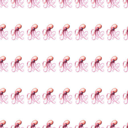 seamless pattern of pink octopus on white background, hand drawn watercolor illustrationの写真素材