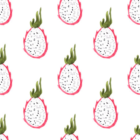 halved pitaya or pitahaya hand drawn watercolor illustration on white backgroundの写真素材