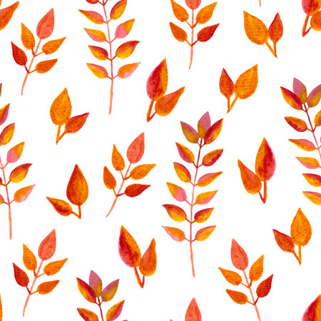 seamless pattern of orange autumn leaves, hand drawn watercolor elements, isolated on white backgroundの写真素材