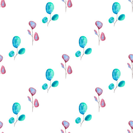 purple and turquoise eucalyptus watercolor leaves on white background, hand drawn, seamless patternの写真素材
