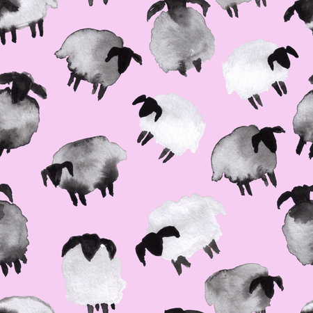 seamless pattern of watercolor sheep illustration on pink background, hand painted elementsの写真素材