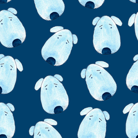 seamless pattern of watercolor sad blue dog portrait, hand painted illustration on blue backgroundの写真素材