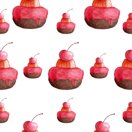 seamless pattern of muffins or cakes with cherry, watercolor hand painted elements on white backgroundの写真素材