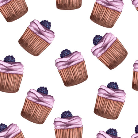 seamless pattern of muffins or cupcakes with blackberry, watercolor hand painted elements on white backgroundの写真素材