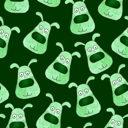 seamless pattern of watercolor green dog portrait, hand painted illustration on dark backgroundの写真素材