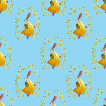 seamless pattern of watercolor cute bunny in yellow dress holding Easter egg and blooming flowers around on blue background. hand painted spring illustrationの写真素材