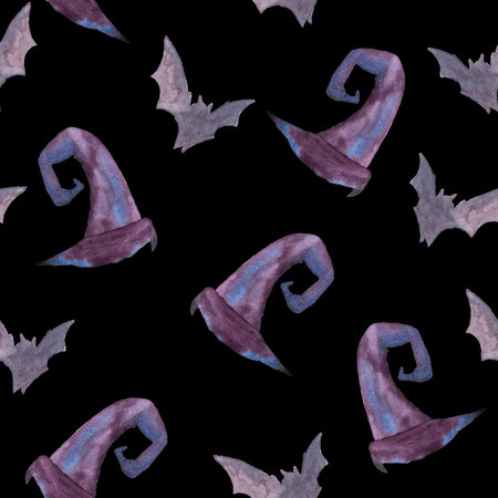 seamless pattern of Halloween watercolor elements on black background. Violet witch hat and flying bat hand painted illustrationsの写真素材
